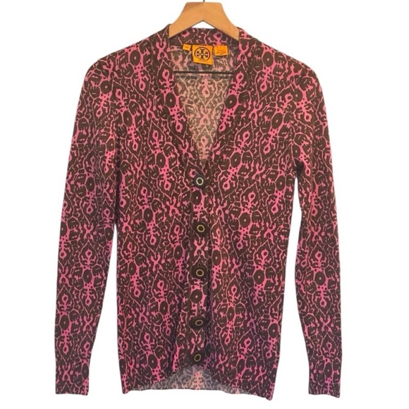 Tory Burch Merino Wool Cardigan Sweater, Pink and Brown Print, Logo Buttons, S - Picture 2 of 15